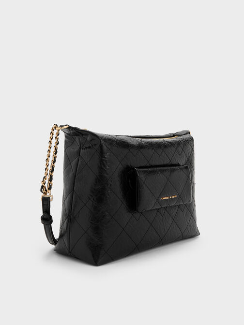 Duo Quilted Front-Pocket Hobo Bag, Black, hi-res