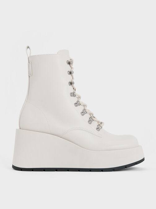 Lace-Up Platform Wedge Ankle Boots, White, hi-res