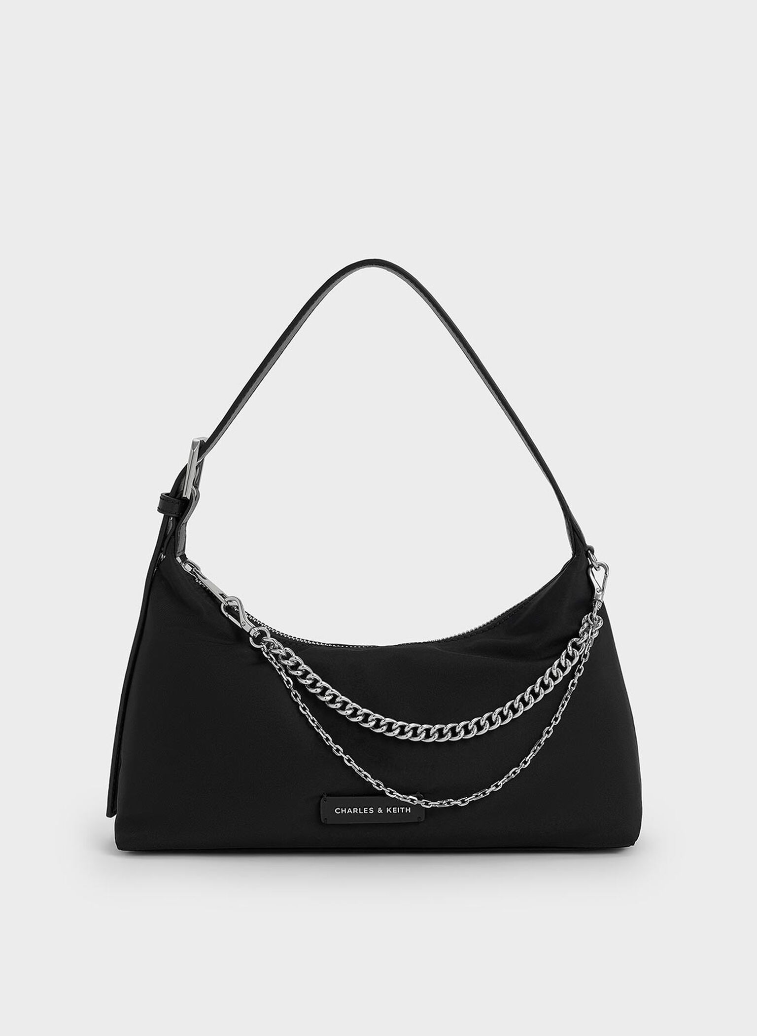 Bolso trapezoidal de nylon con cadena, Noir, hi-res