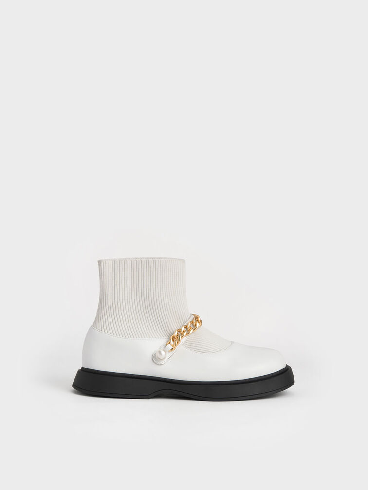 Girls' Chain-Link Knitted Sock Boots, White, hi-res