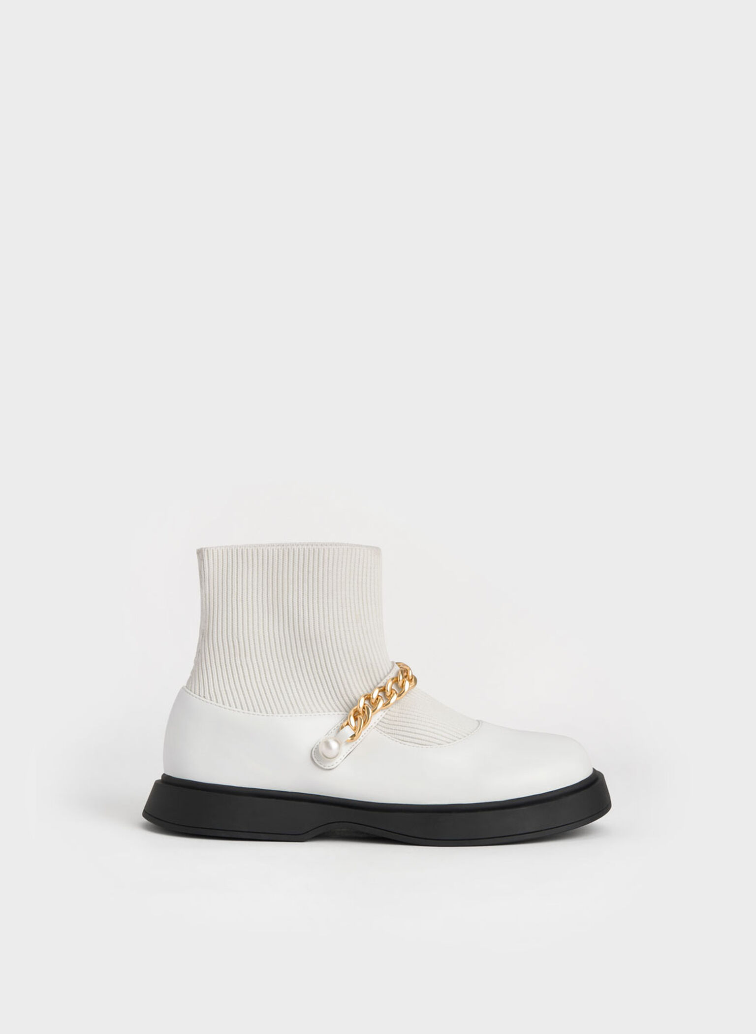 Girls' Chain-Link Knitted Sock Boots, White, hi-res