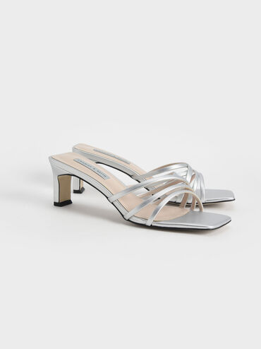 Asymmetric Strappy Sandals, Silver, hi-res