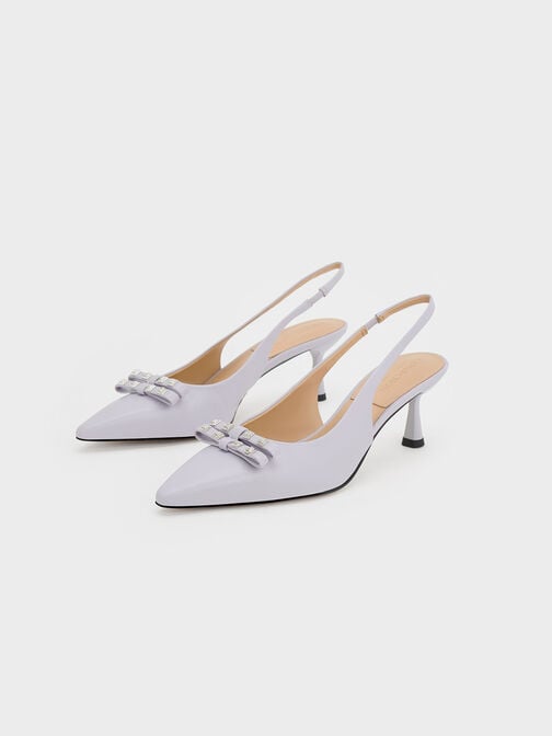 Bow Crystal-Embellished Leather Slingback Pumps, Lilac, hi-res