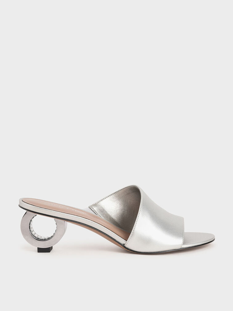 Metallic Sculptural Heel Mules, Silver, hi-res