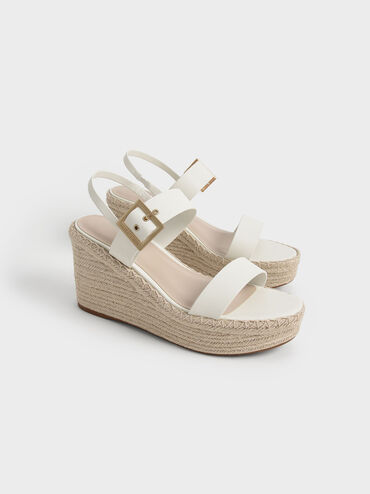 Buckled Espadrille Wedges, White, hi-res