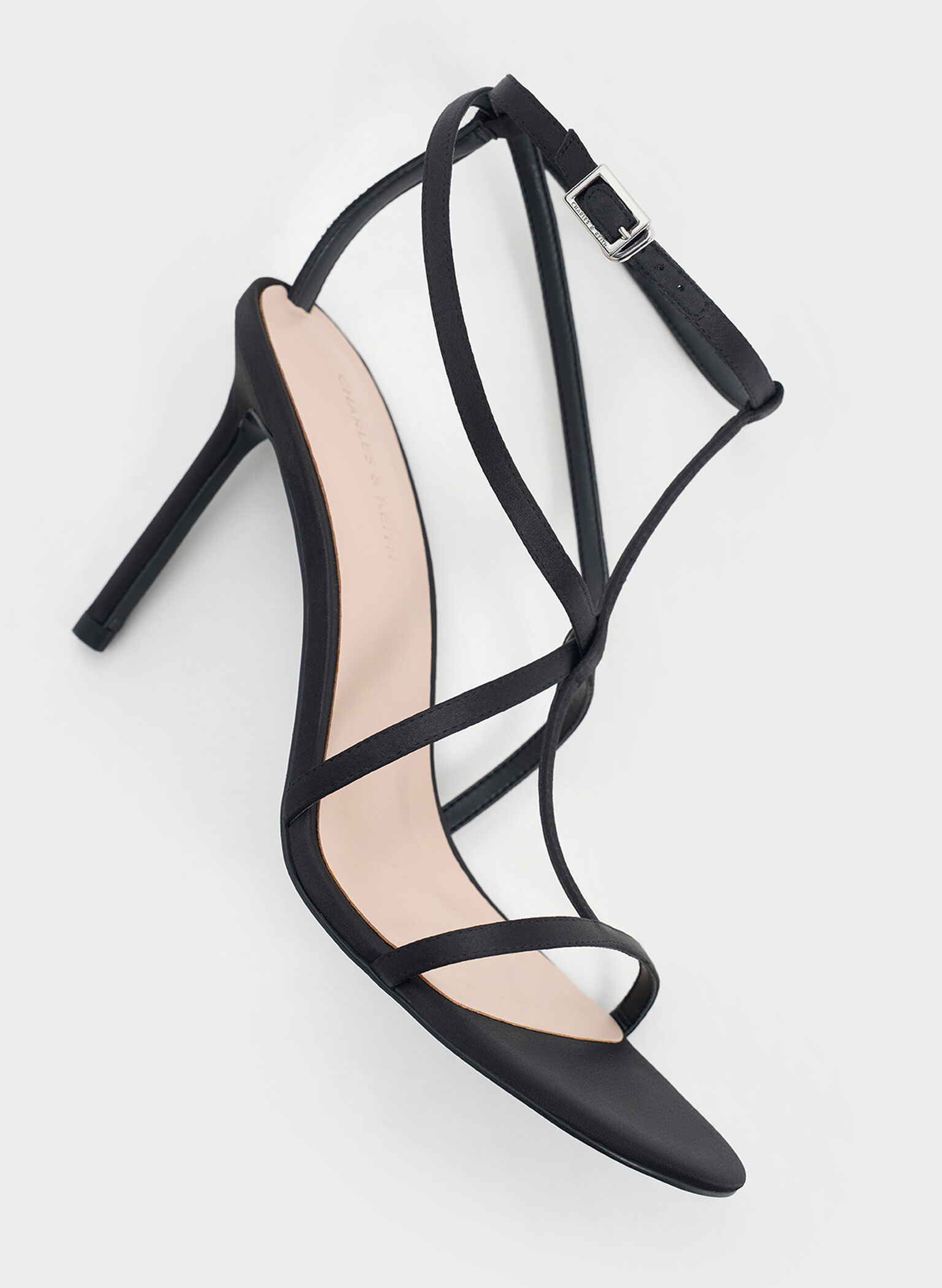 Satin Strappy Stiletto-Heel Sandals, Black Textured, hi-res