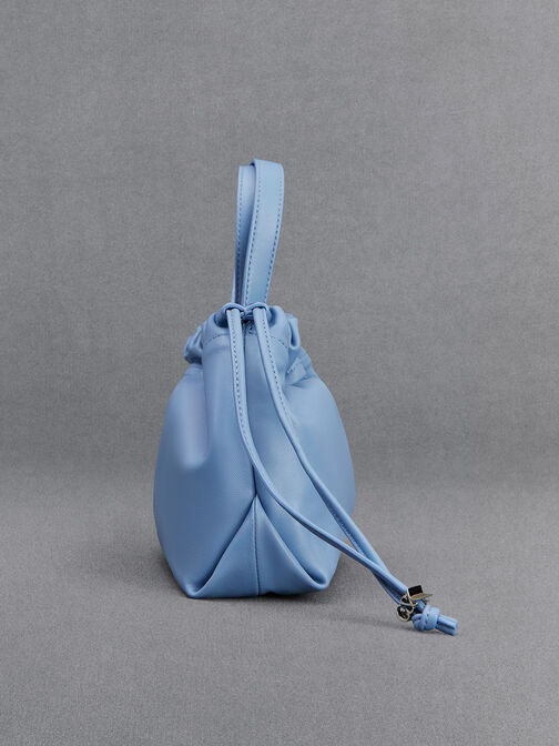 Leather Ruched Drawstring Bag, Light Blue, hi-res