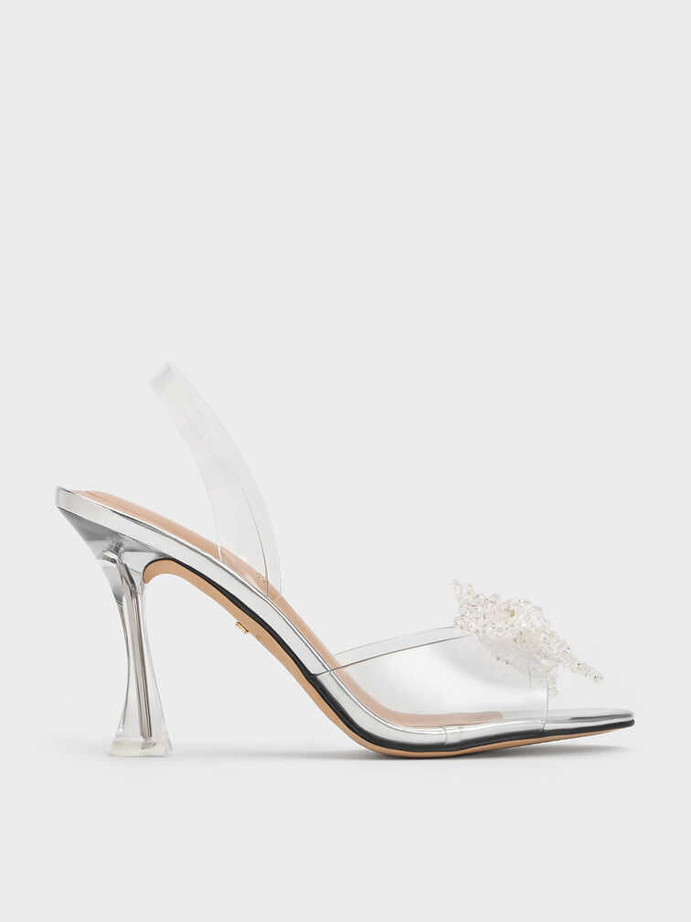 See-Through Beaded Bow Slingback Pumps, Clear, hi-res