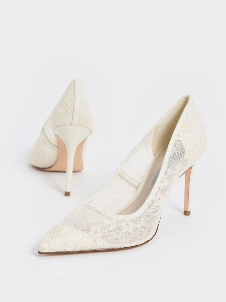 Lace Stiletto Pumps, Cream, hi-res