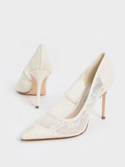 Lace Stiletto Pumps, Cream, hi-res