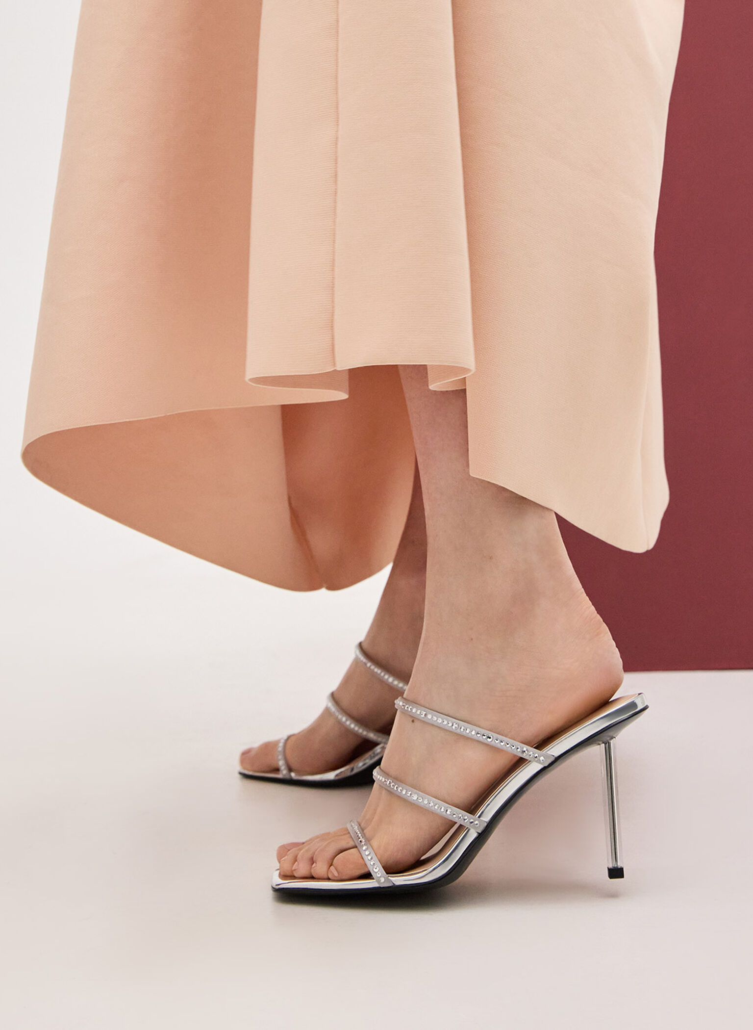 Recycled Polyester Crystal-Embellished Strappy Mules, Silver, hi-res