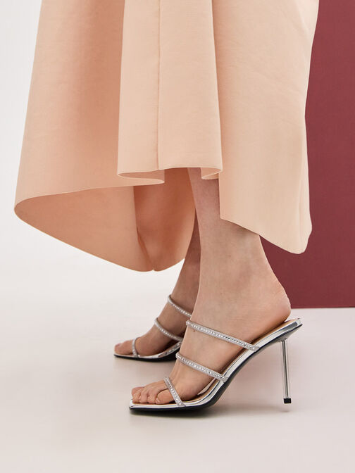 Recycled Polyester Crystal-Embellished Strappy Mules, Silver, hi-res