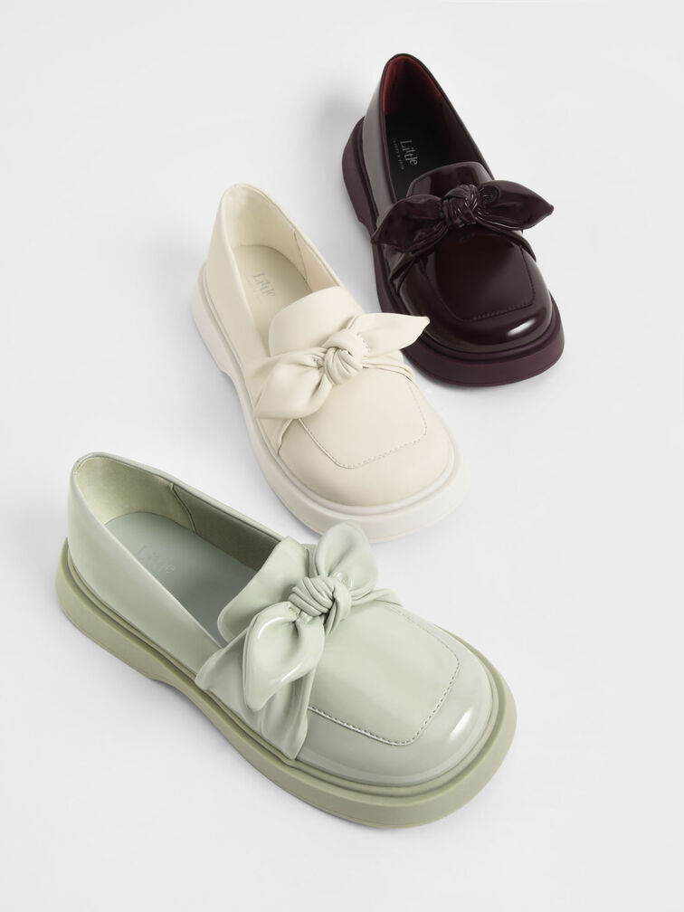 Girls' Patent Bow Loafers, Sage Green, hi-res