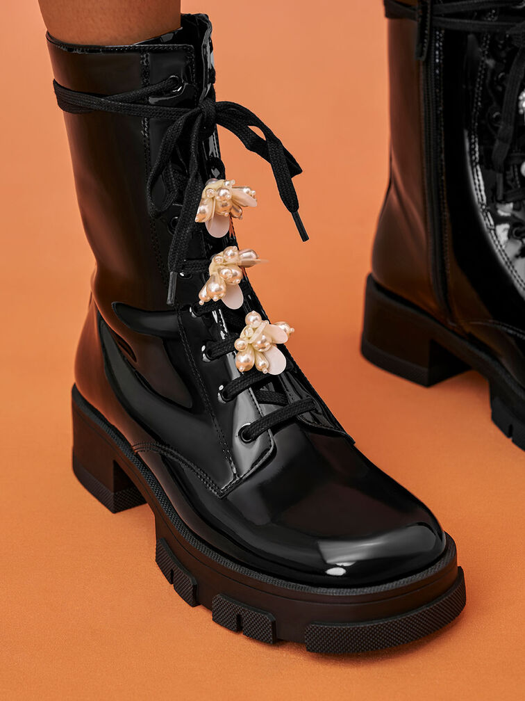 Hayden Bead-Embellished Patent Boots, Black, hi-res