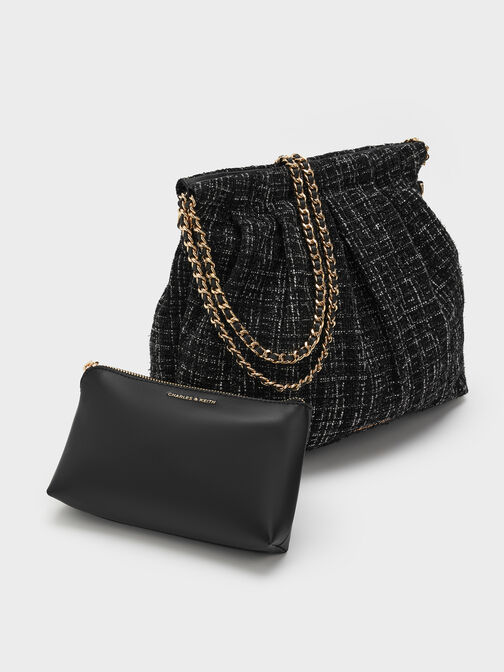 Duo Tweed Double-Chain Hobo Bag, Black Tweed, hi-res
