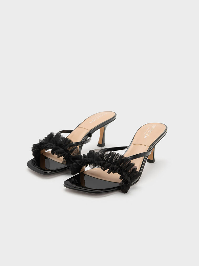 Patent Leather Ruffled Mesh Heeled Mules, Black, hi-res
