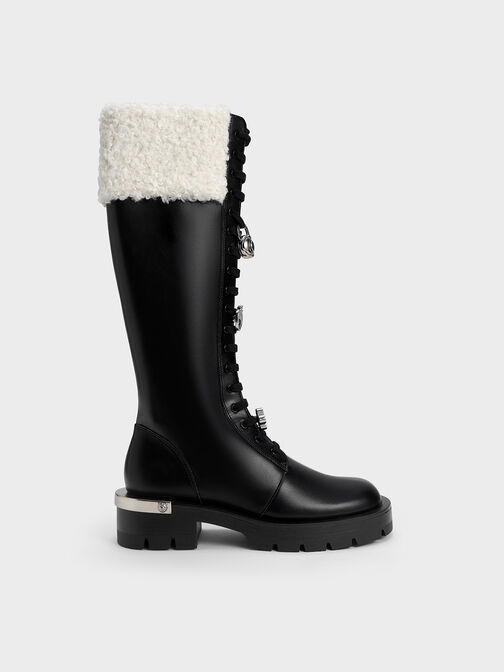 Lotso Furry Knee-High Combat Boots, Black, hi-res