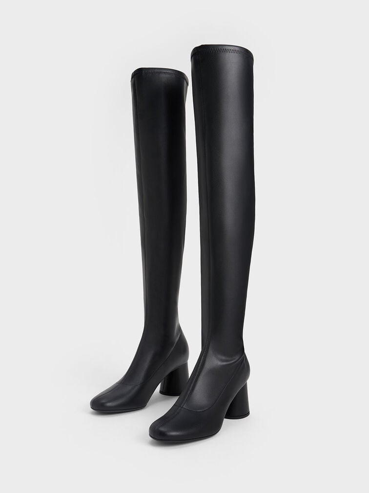 Cylindrical Heel Thigh-High Boots, Black, hi-res