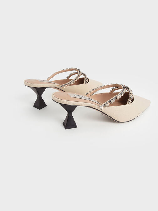 Canvas Double Gem Strap Mules, Beige, hi-res