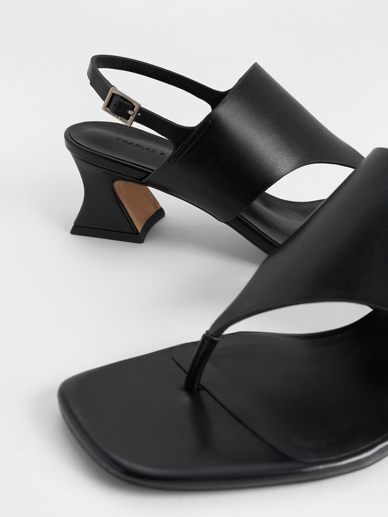 Wide-Strap Heeled Thong Sandals, Black, hi-res