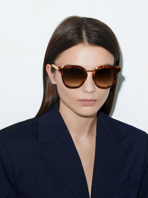 Recycled Acetate Metallic-Rim Sunglasses, T. Shell, hi-res