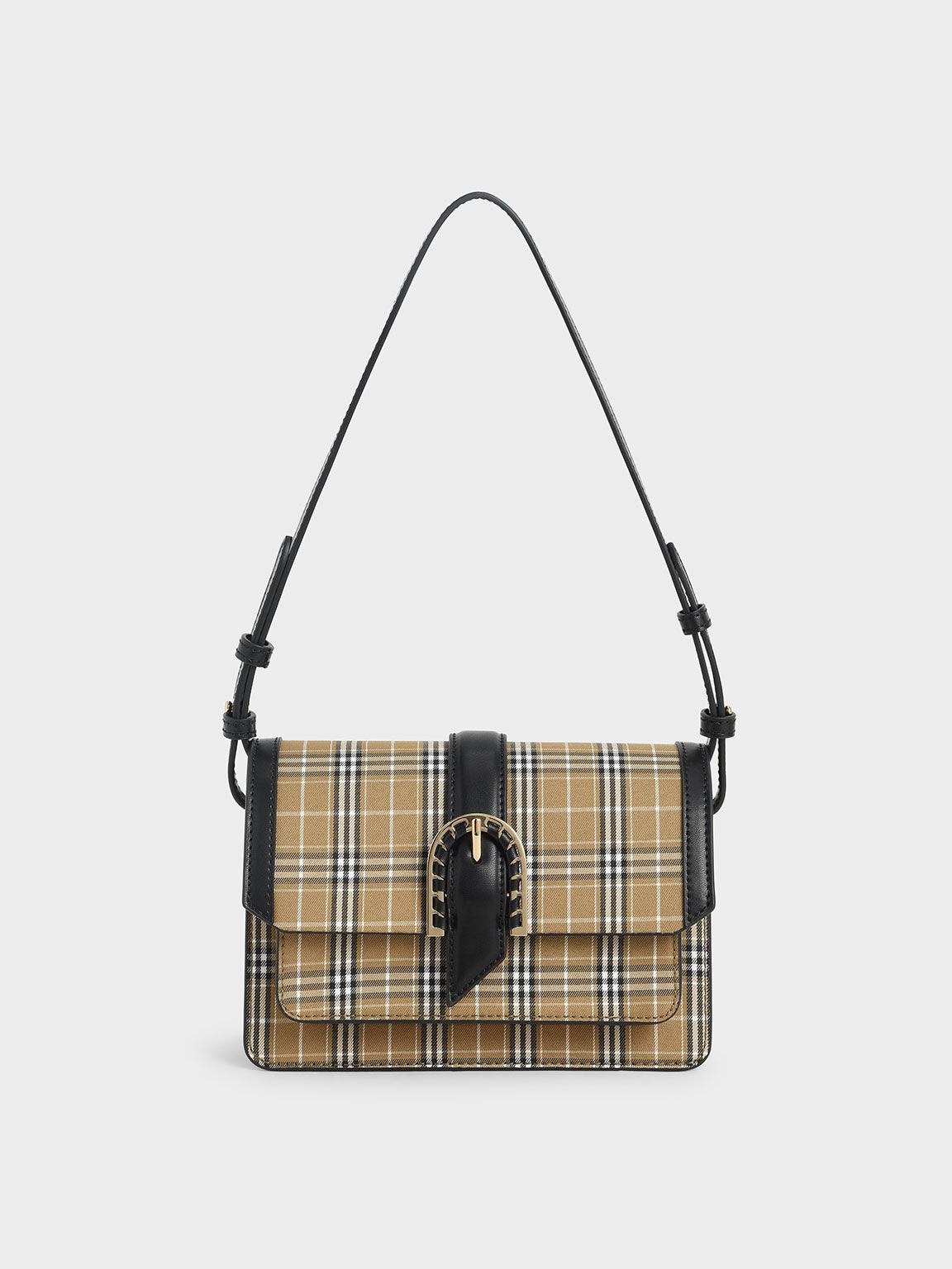 Leather Check Print Buckled Bag, Multi, hi-res