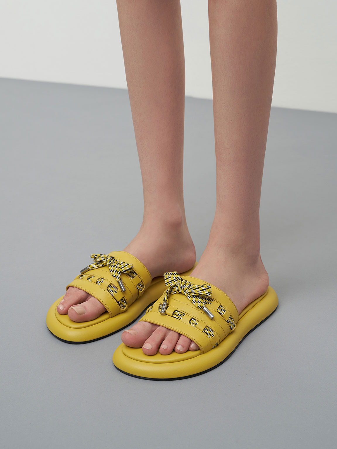 Printed Bow-Tie Leather Slide Sandals, Yellow, hi-res