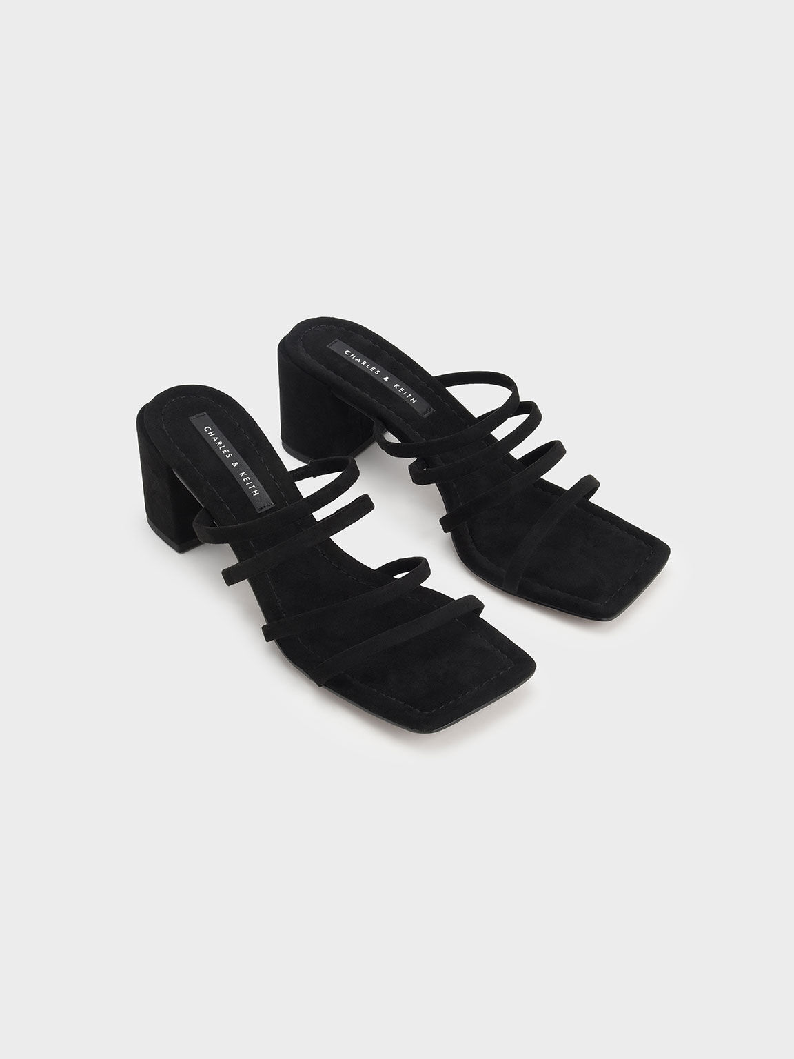 Strappy Square-Toe Heeled Mules, Black, hi-res