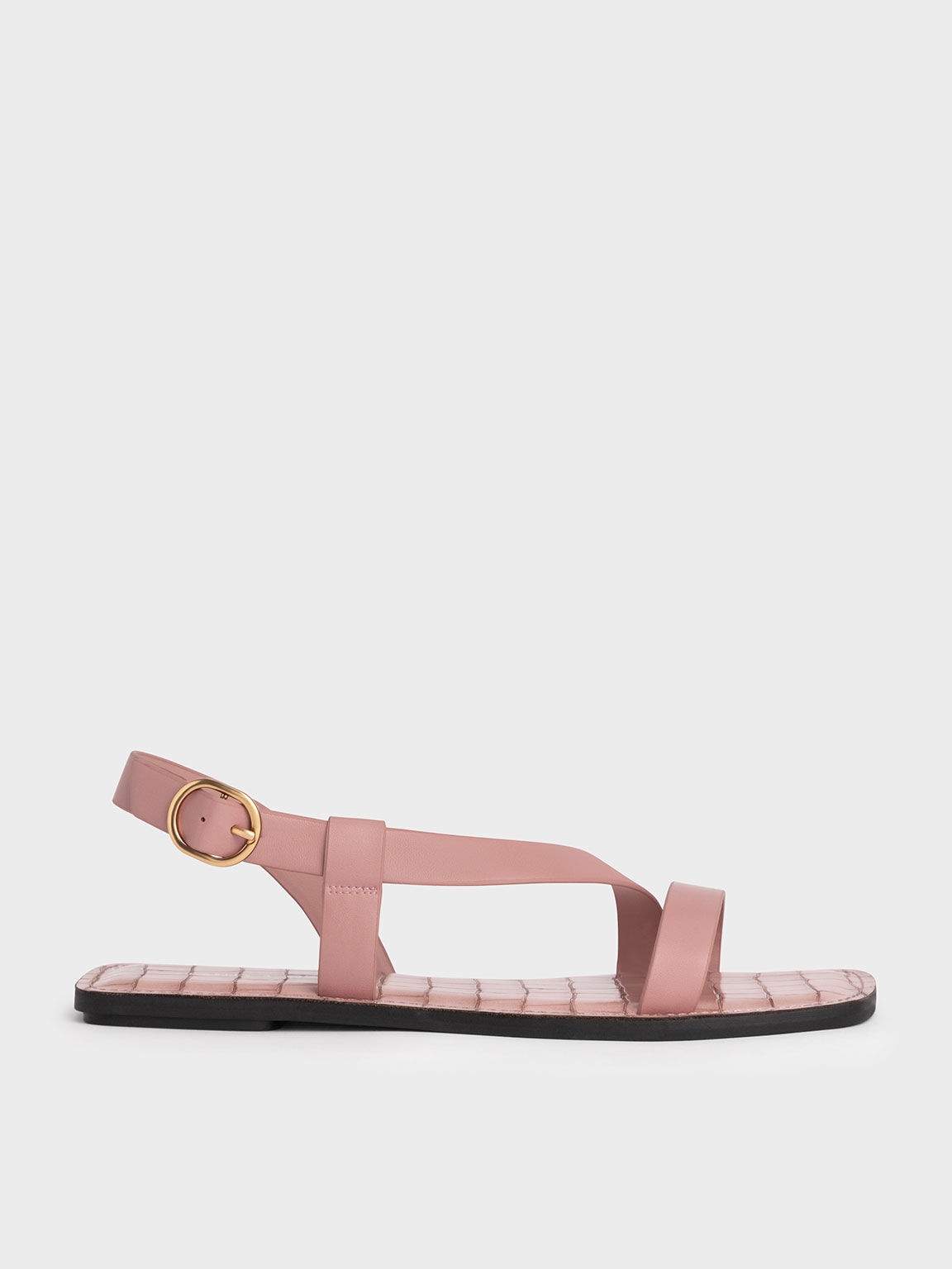 Croc-Effect Asymmetric Slingback Flat Sandals, Pink, hi-res