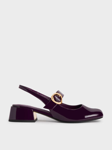 Patent Buckle Strap Slingback Pumps, Maroon, hi-res