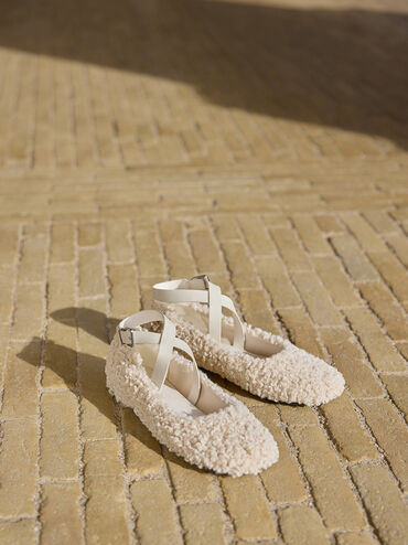 Margot Furry Crossover-Strap Ballet Flats, Chalk, hi-res
