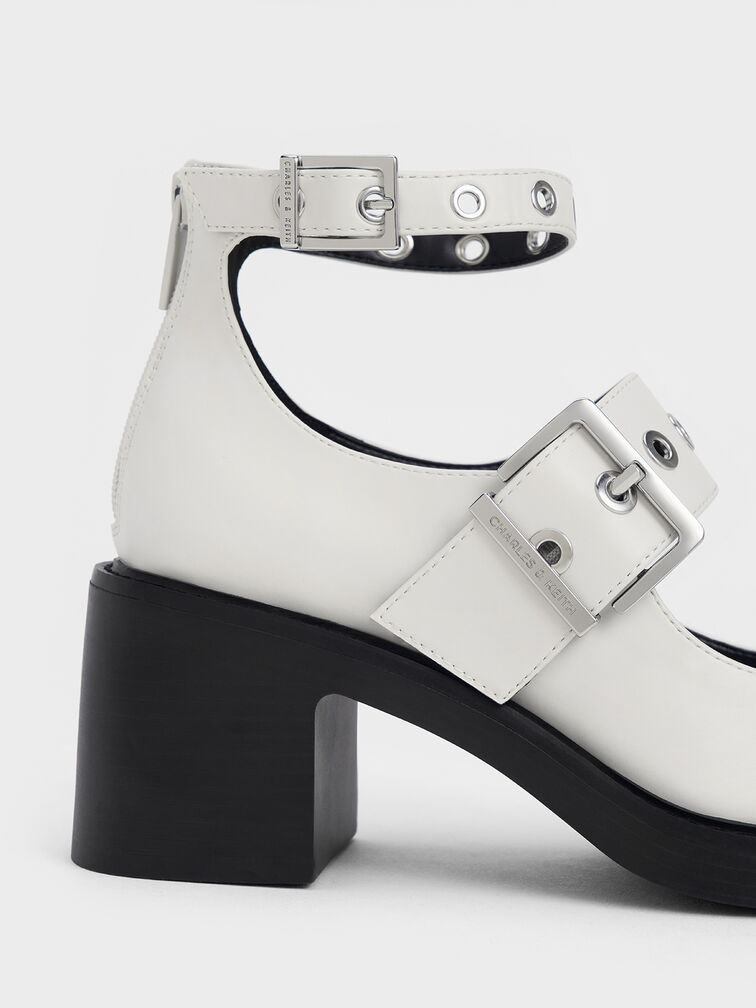 Grommet-Strap Mary Jane Pumps, White, hi-res