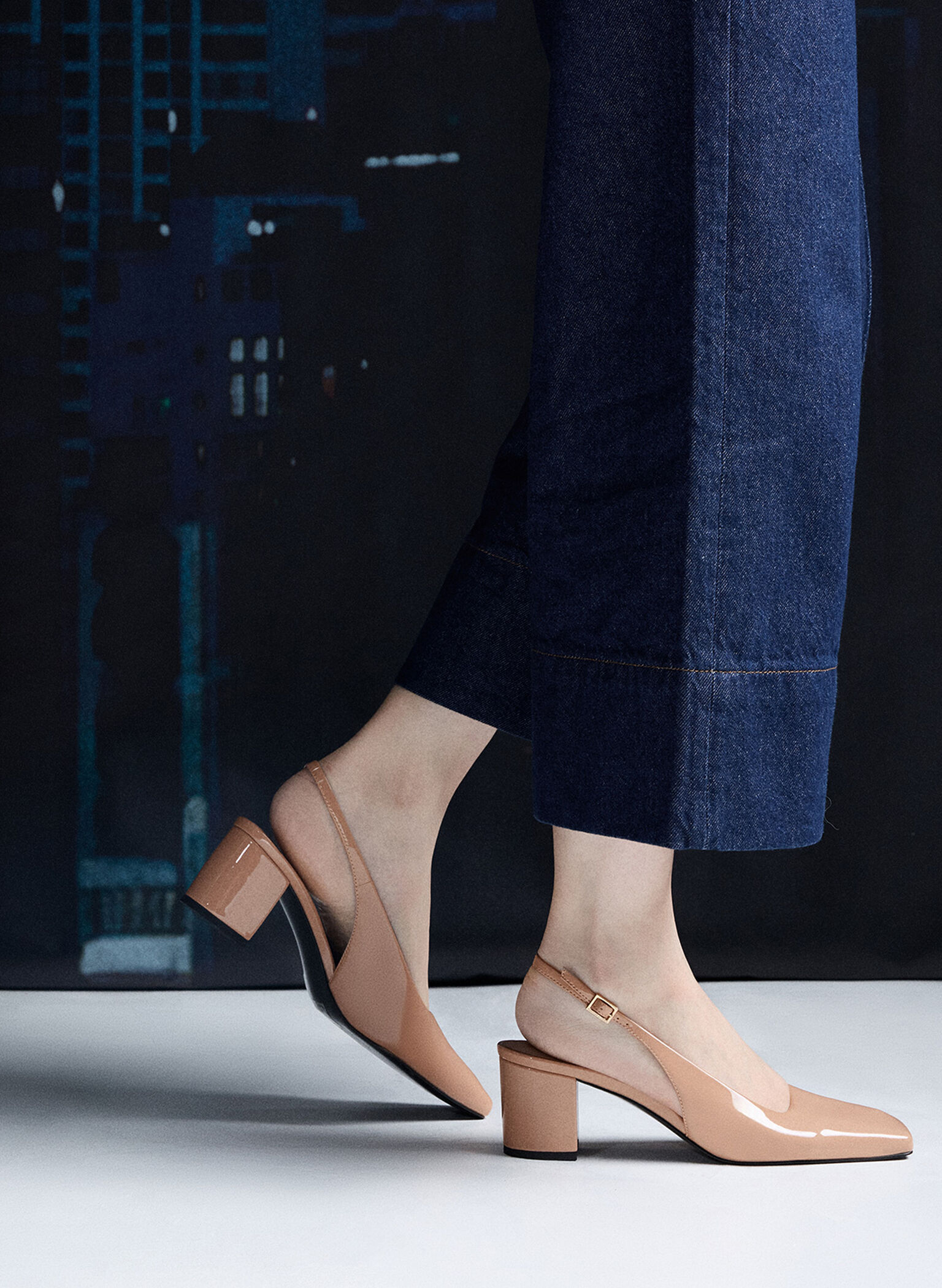 Patent Square-Toe Slingback Pumps, Nude, hi-res