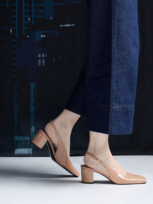 Patent Square-Toe Slingback Pumps, Nude, hi-res