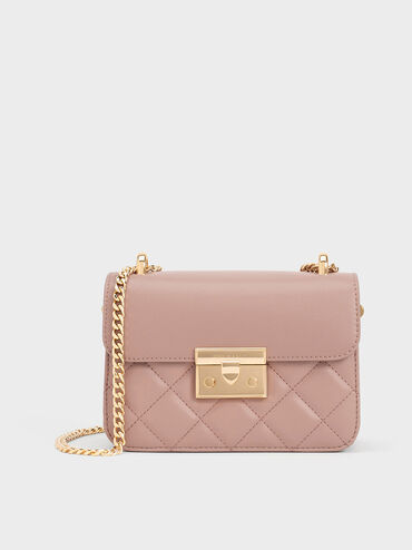 Quilted Push-Lock Chain-Handle Bag, Blush, hi-res