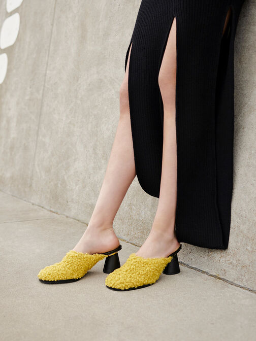 Medina Furry Cylindrical Heel Mules, Yellow, hi-res