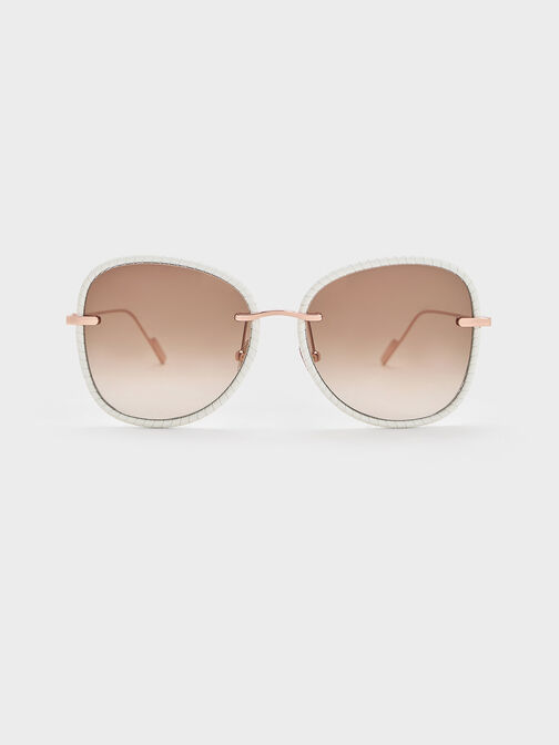 Leather Braided-Rim Butterfly Sunglasses, Cream, hi-res