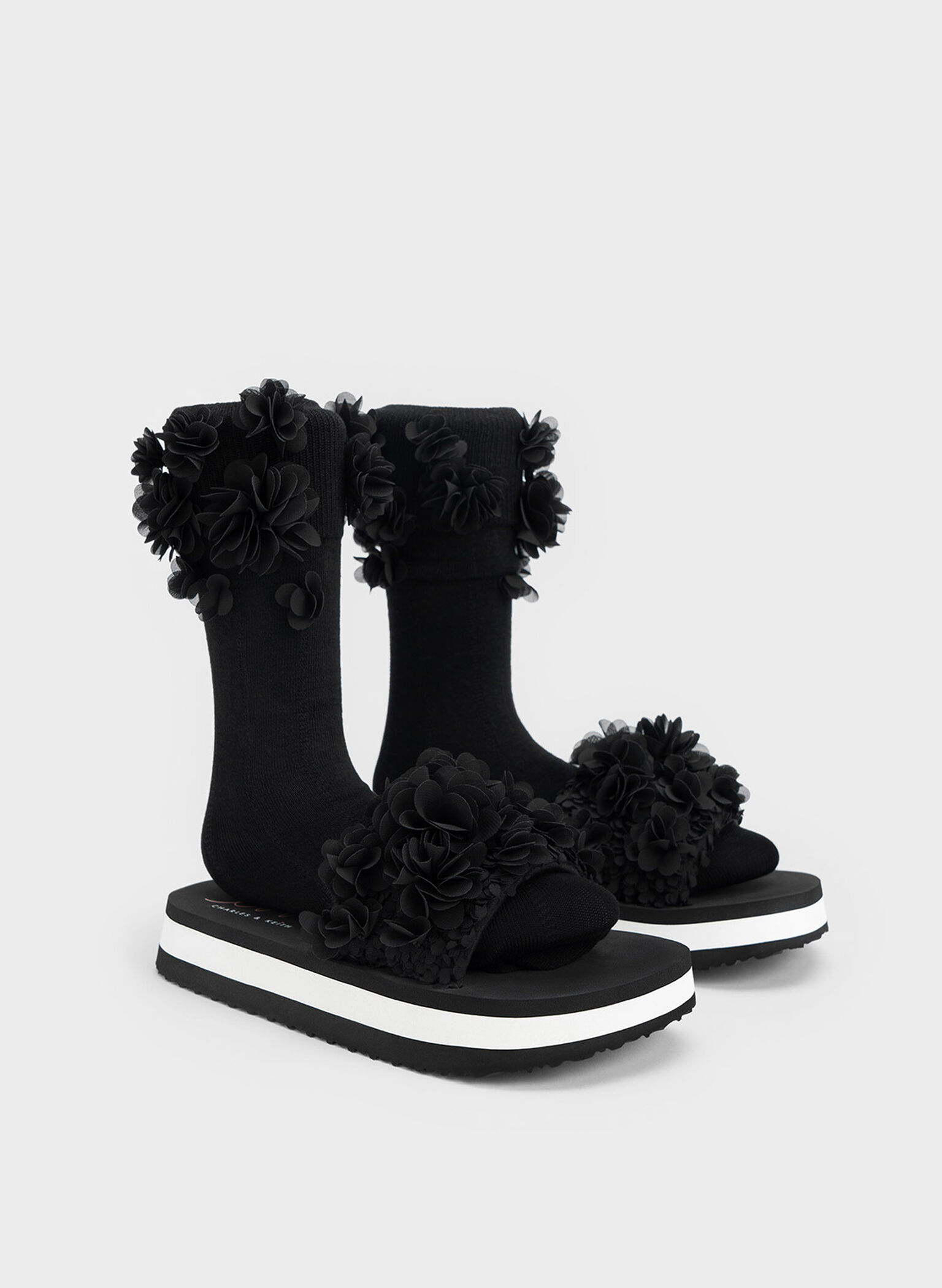Floral Mesh Flatform Sandals, Black, hi-res