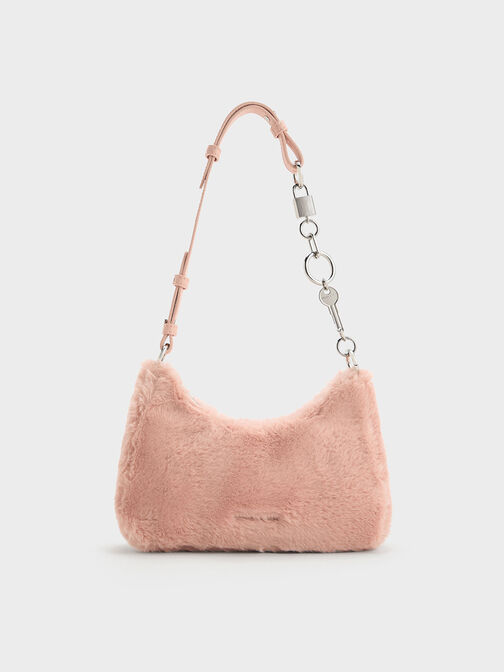 Furry Lock & Key Chain Handle Bag, Pink, hi-res