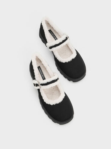 Textured Fur-Trim Buckled Mary Janes, Black Textured, hi-res