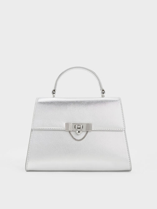 Tallulah Metallic Trapeze Top Handle Bag, Silver, hi-res