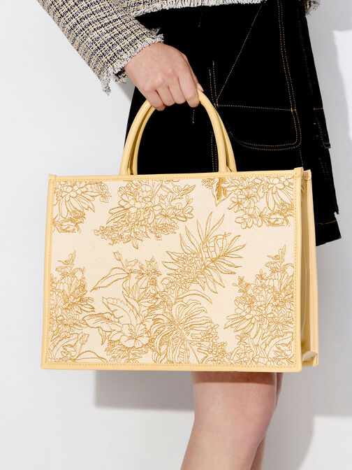 Bolso tote de lona con ilustración floral, Beige, hi-res