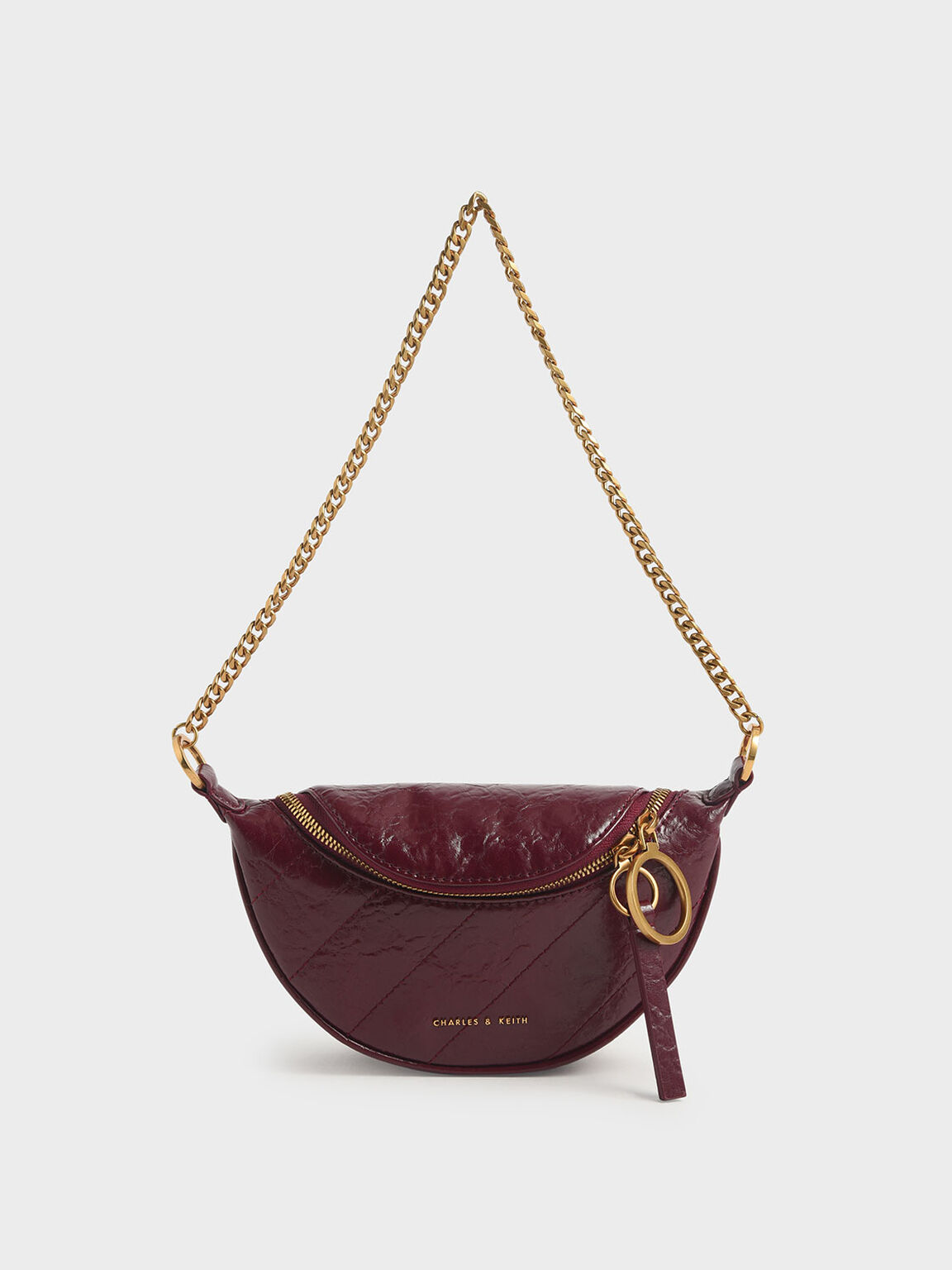 Burgundy Wrinkled Effect Ring Zip Tassel Crossbody Bag Charles Keith Sg