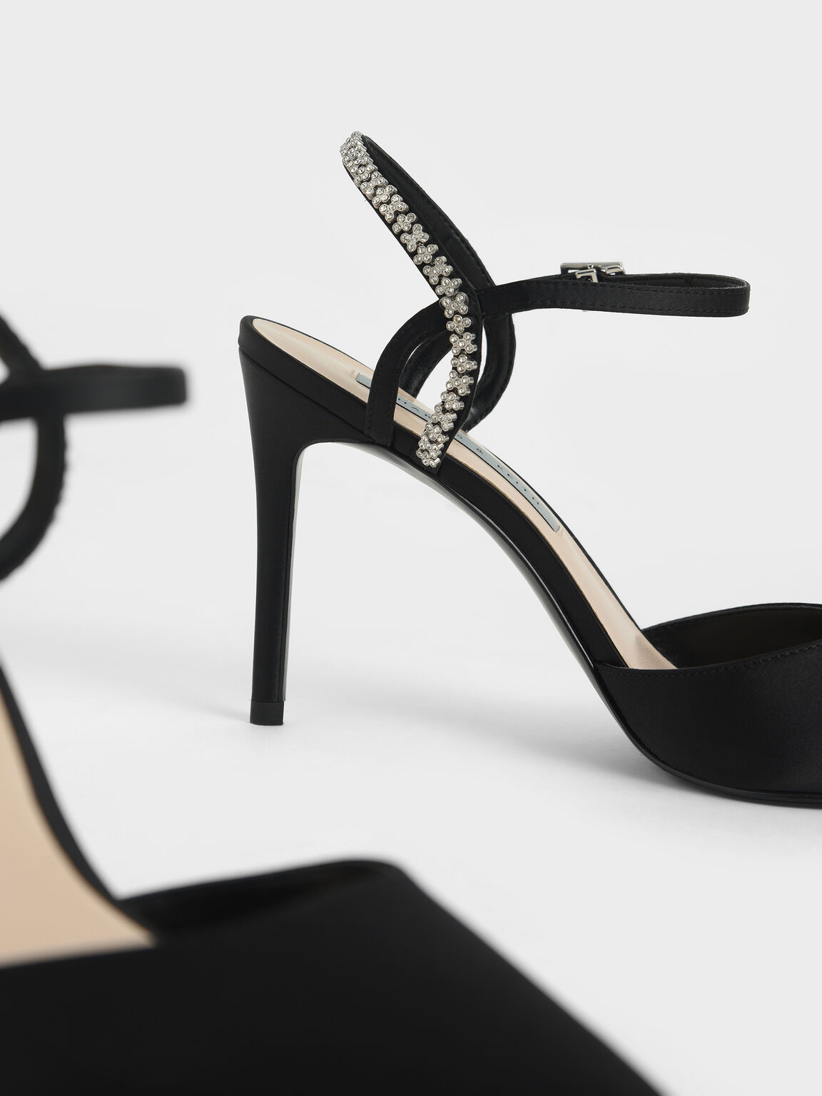 Satin Embellished Back Strap Court Shoes, Black, hi-res
