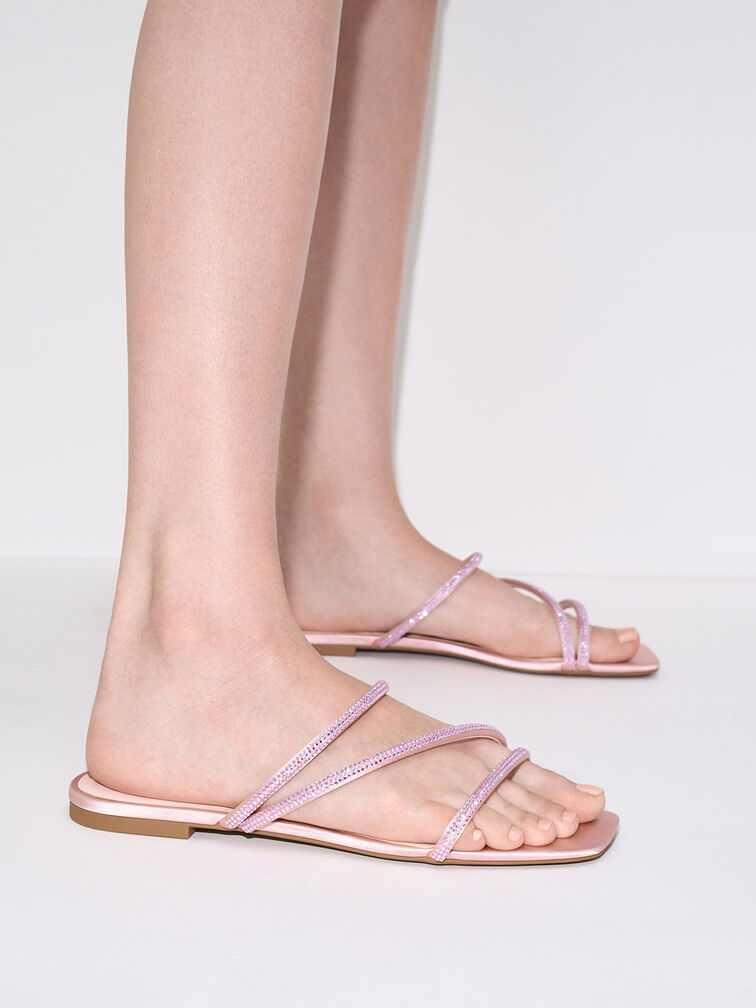 Satin Crystal-Embellished Strappy Sandals, Light Pink, hi-res