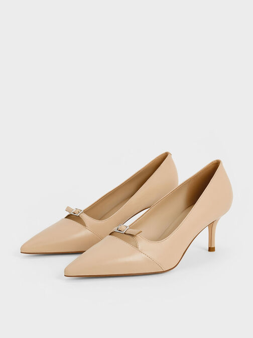 Buckle-Strap Pointed-Toe Pumps, Beige, hi-res