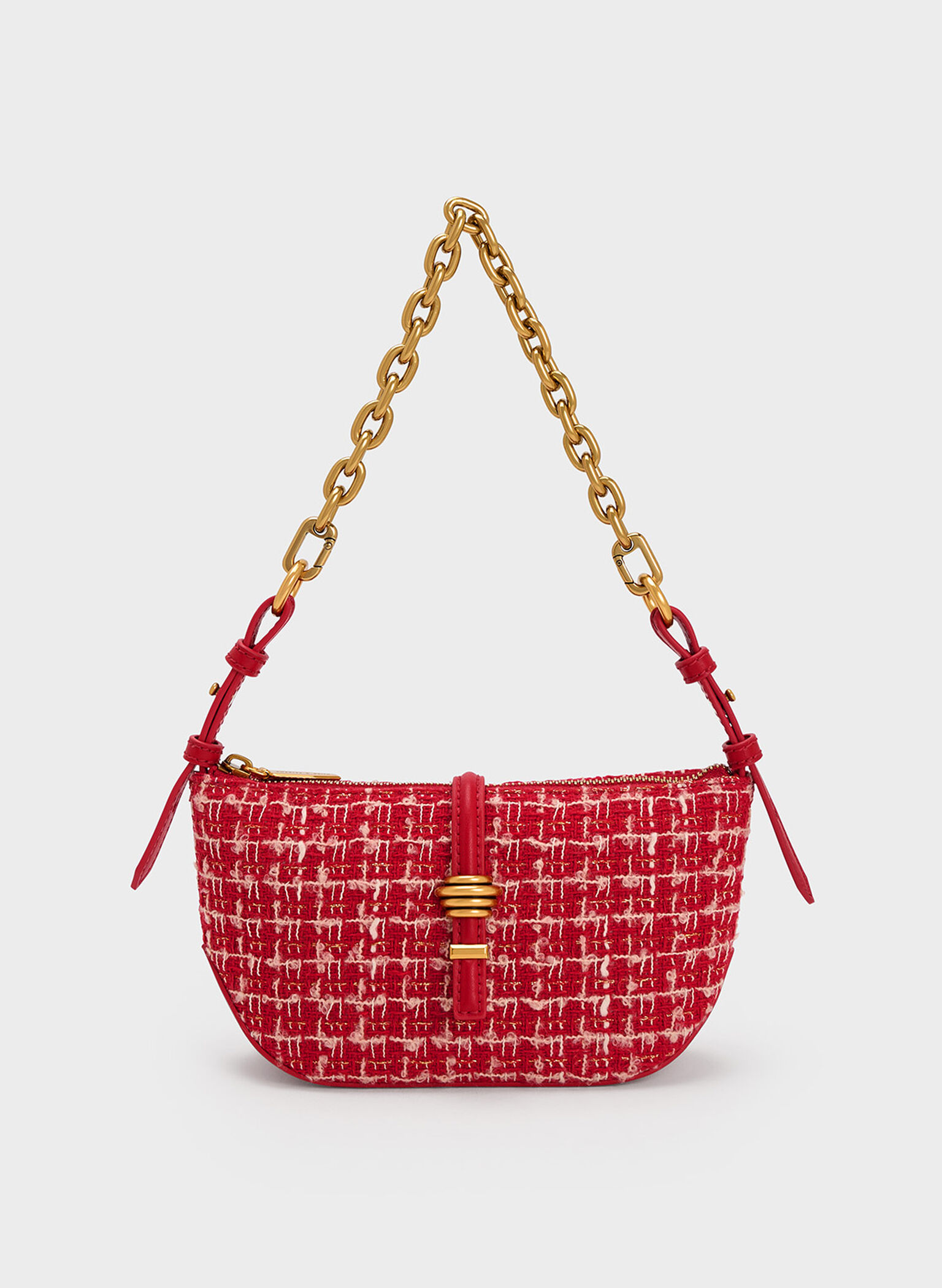 Red Trudy Tweed Belted Geometric Bag | CHARLES & KEITH