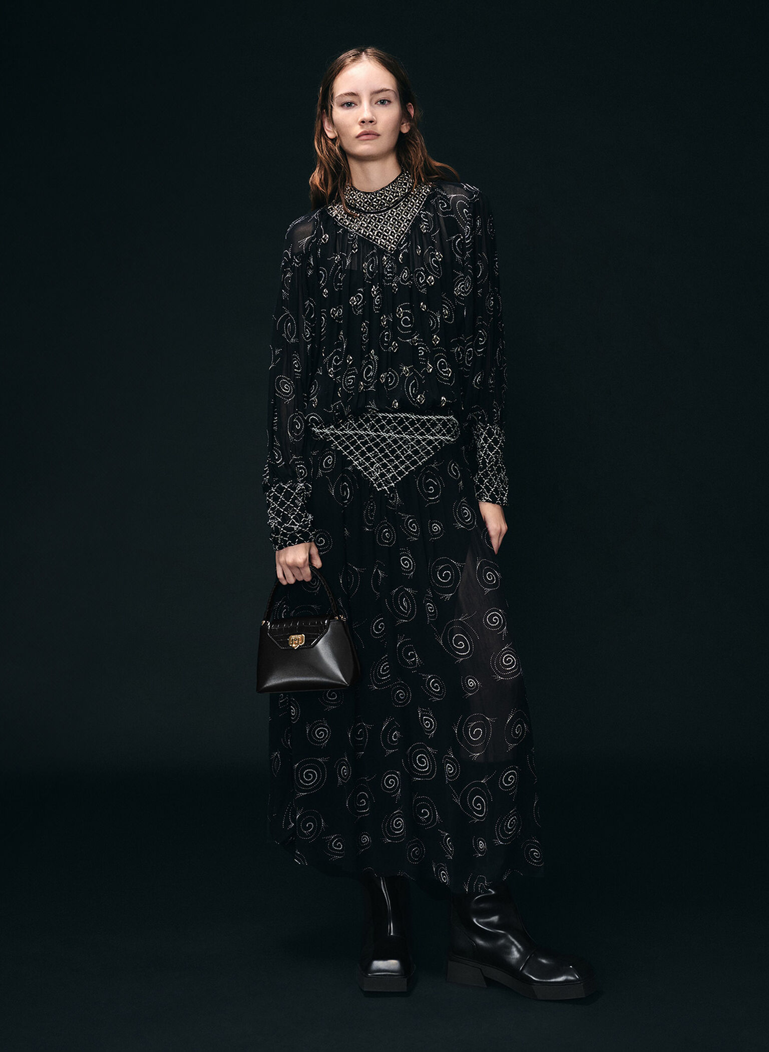Bolso de asa superior Arwen de efecto cocodrilo con correa trenzada, Negro, hi-res