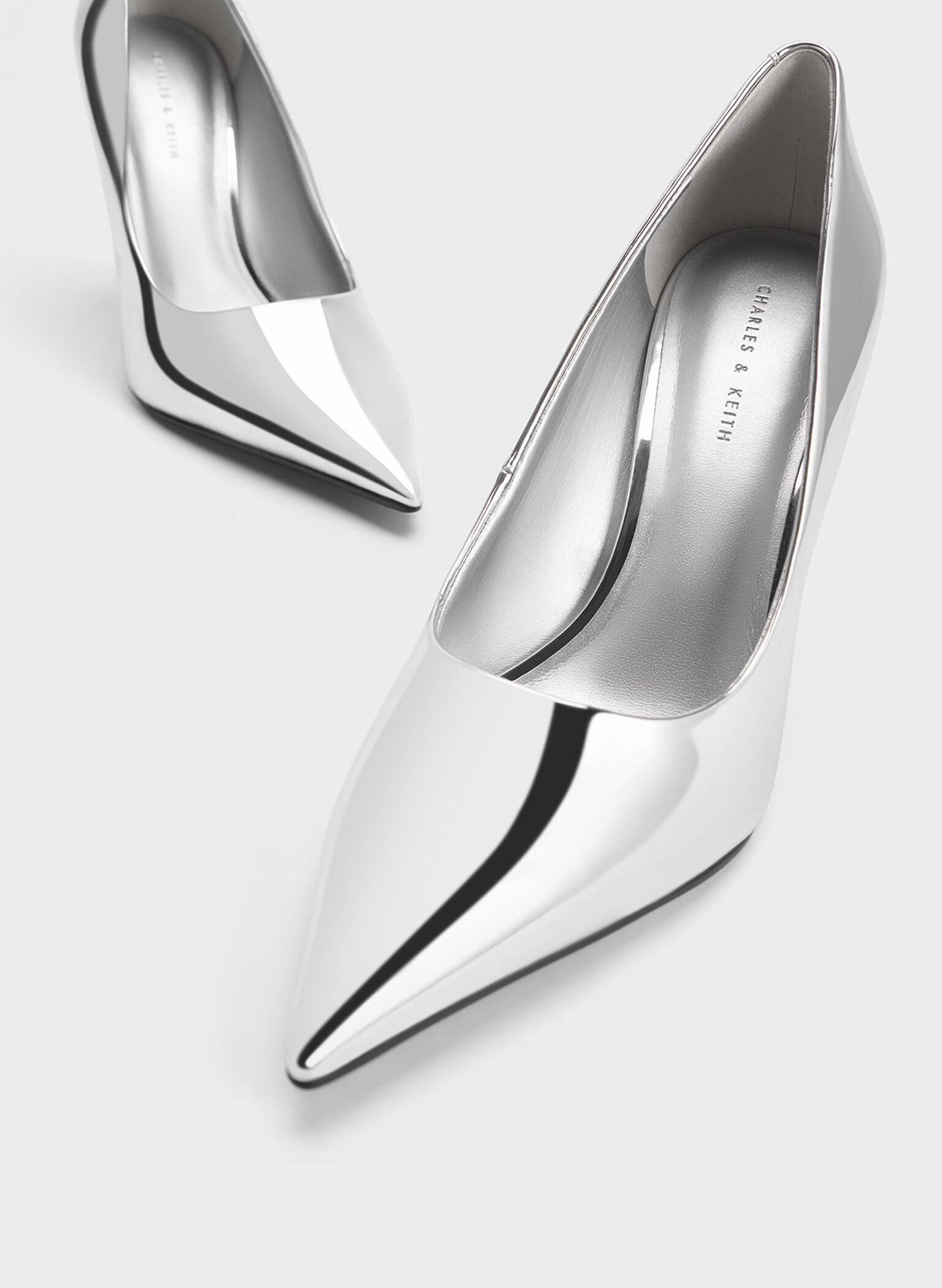 Silver Metallic Patent Pointed-Toe Stiletto Heels - CHARLES & KEITH SG