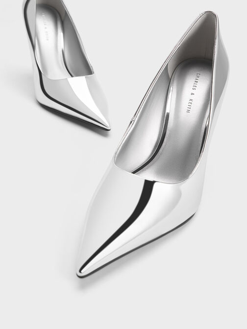 Zapatos de charol metalizado con tacón de aguja y punta estrecha, Plateado, hi-res
